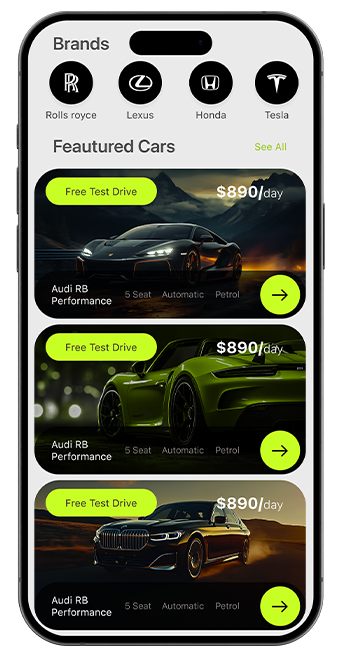 Car rental app UI with vehicle search – DriveCloud360